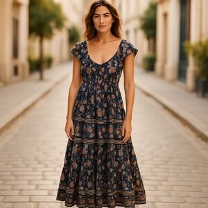 Vintage‎ 70s Boho Floral Maxi Dress With Cap Sleeves Adjustable Neckline